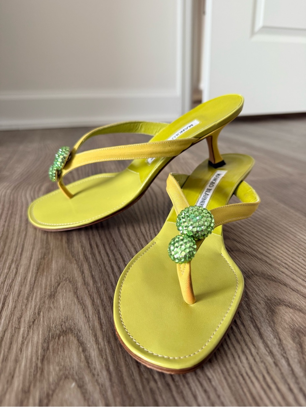 Manolo Blahnik Olive Green Embellished Sandals - Picture 3 of 4